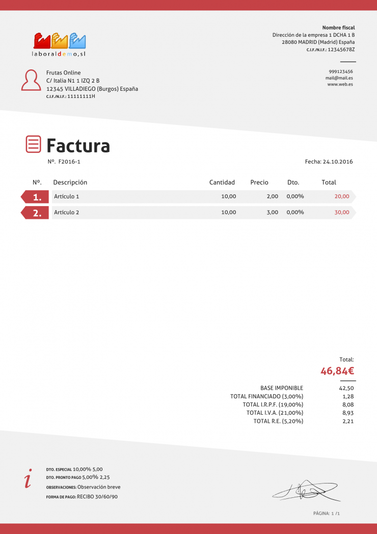 información de una factura