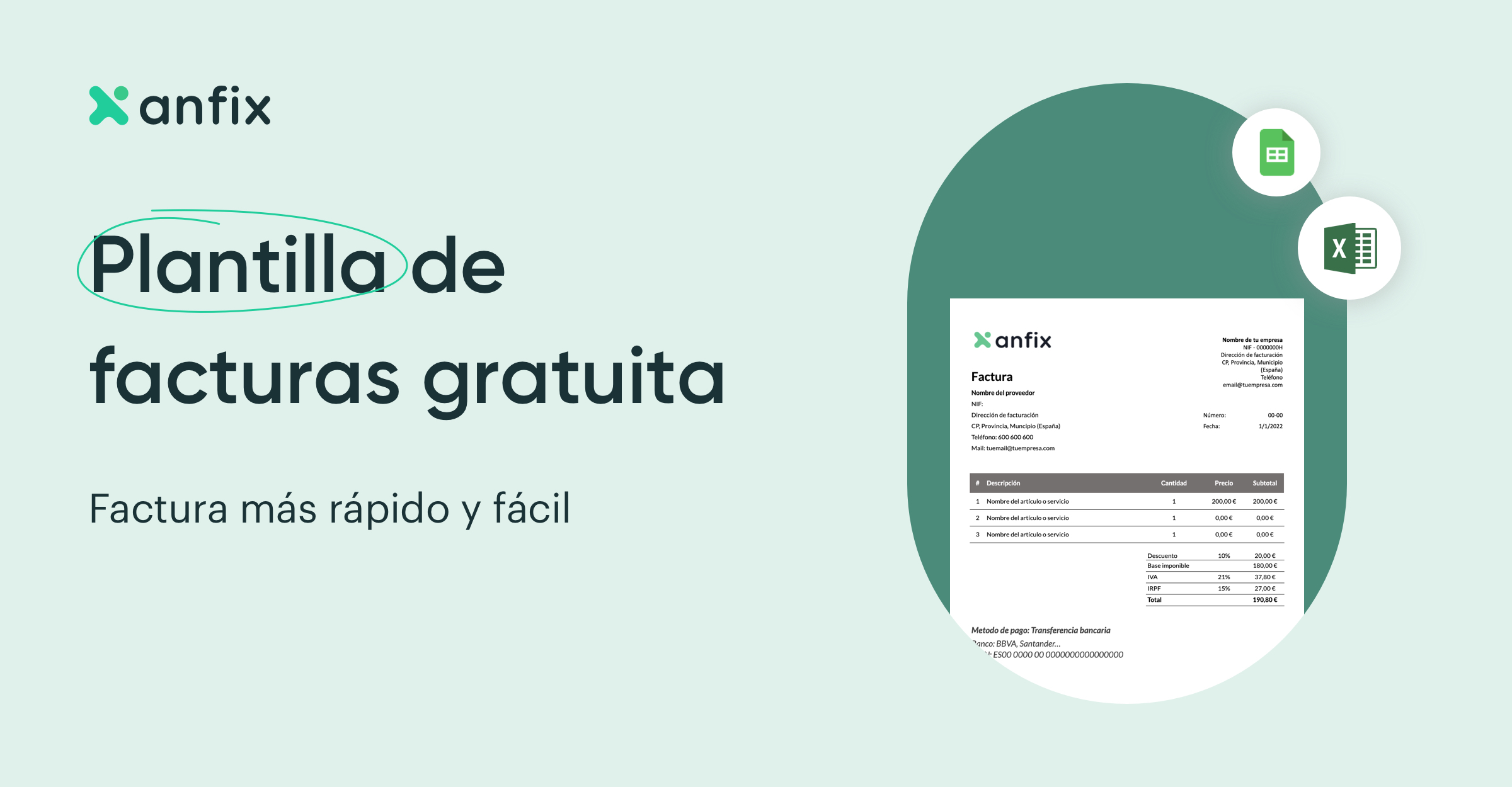 Modelo Factura Con Irpf Plantilla para hacer facturas: descárgala en Excel gratis - Anfix